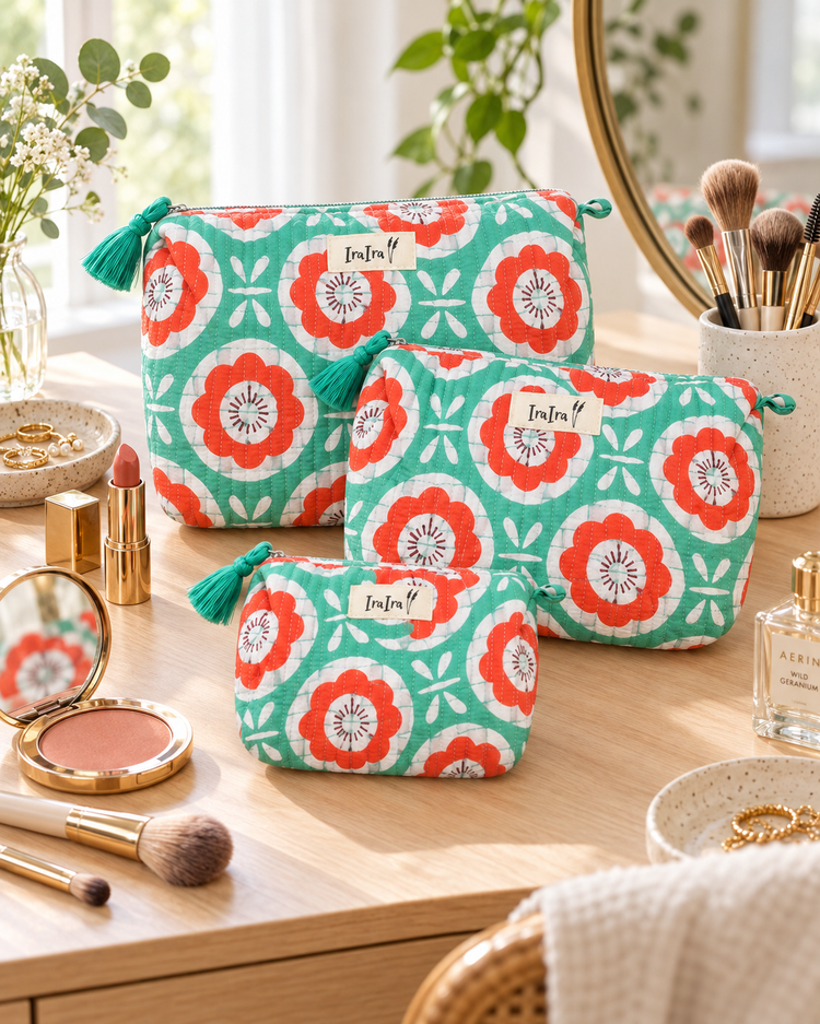 Cotton Quilted Cosmetic Bags - Set Of 3 | Mint Flower
