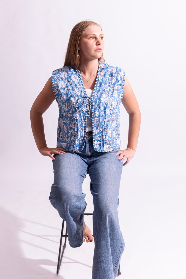 Cotton Quilted Reversible Vest - Powder Blue