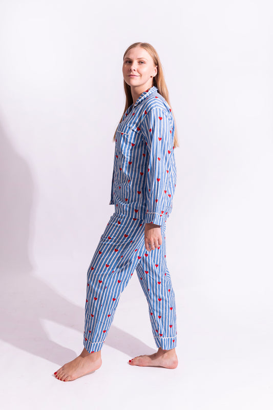 Cotton Stripe Me Heart PJ Set - Long | Blue