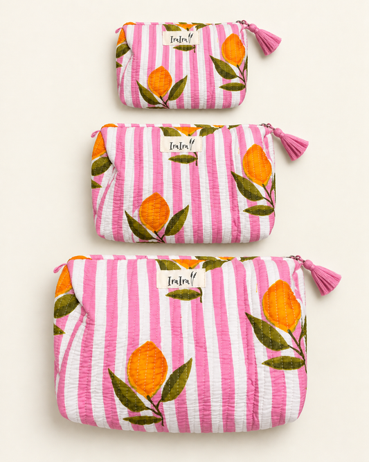 Cotton Quilted Cosmetic Bags - Set Of 3 | Pink Lemon Stripe