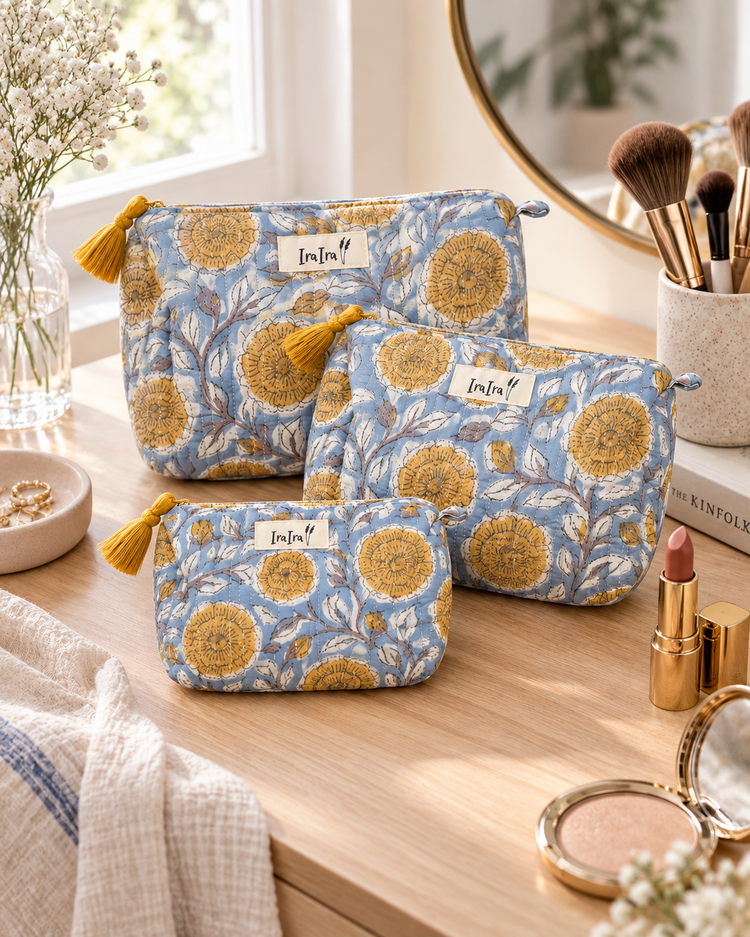 Cotton Quilted Cosmetic Bags - Set Of 3 | Blue Marigold