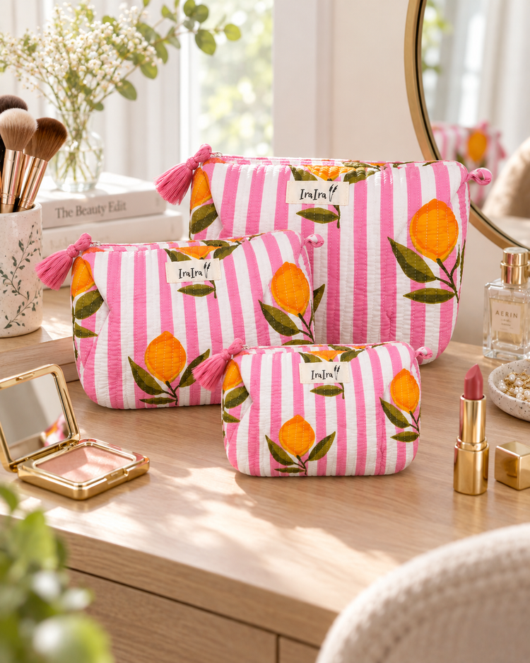 Cotton Quilted Cosmetic Bags - Set Of 3 | Pink Lemon Stripe