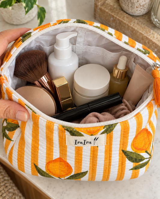Cotton Quilted Cosmetic Bags - Set Of 3 | Orange Lemon Stripe