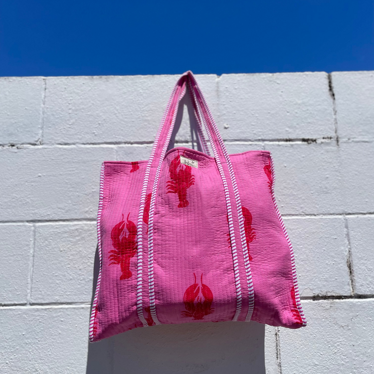 Reversible 100% Cotton Tote Bag - Pink Lobster