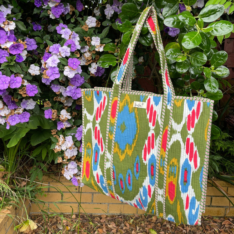 Reversible 100% Cotton Tote Bag - Ikat Green