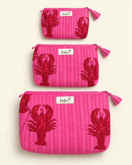 Cotton Quilted Cosmetic Bags - Set Of 3 | Lobster Pink