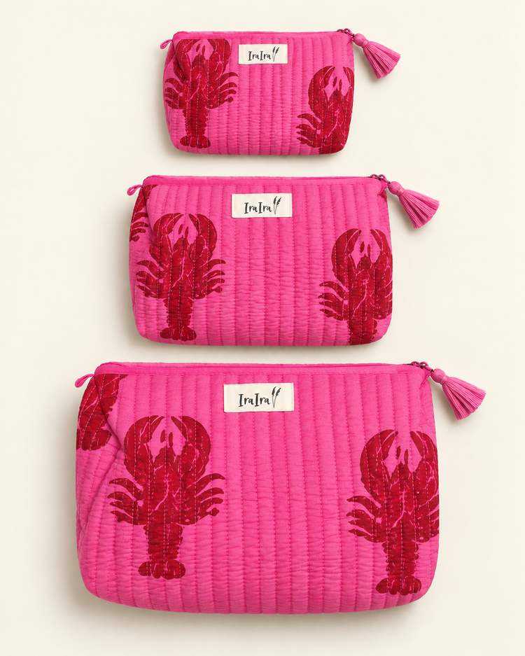 Cotton Quilted Cosmetic Bags - Set Of 3 | Lobster Pink