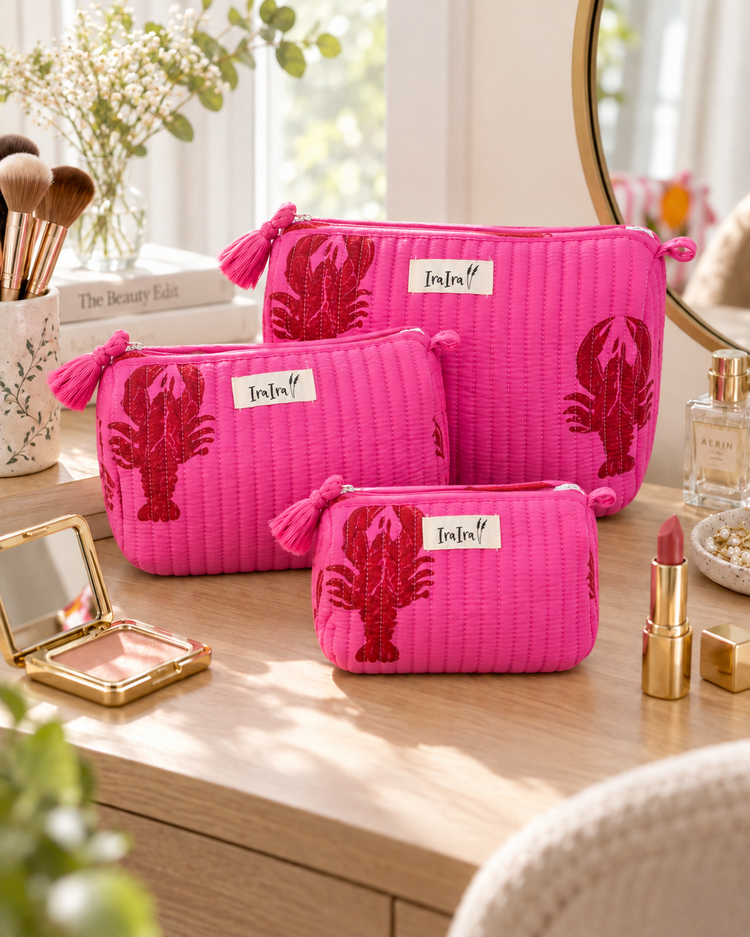 Cotton Quilted Cosmetic Bags - Set Of 3 | Lobster Pink