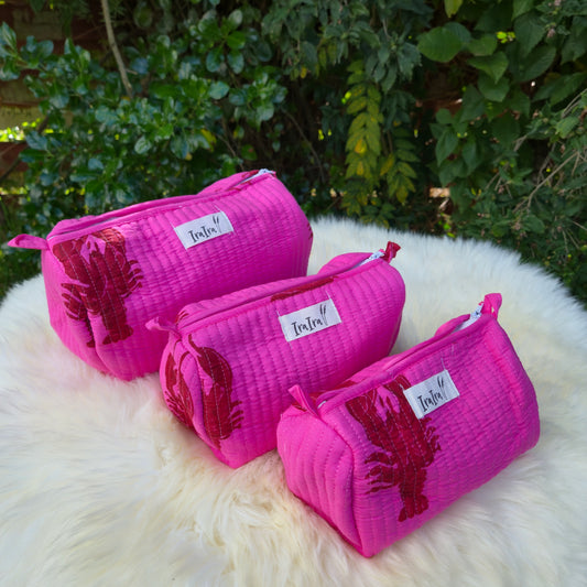 Cotton Quilted Cosmetic Bags - Set Of 3 | Lobster Pink
