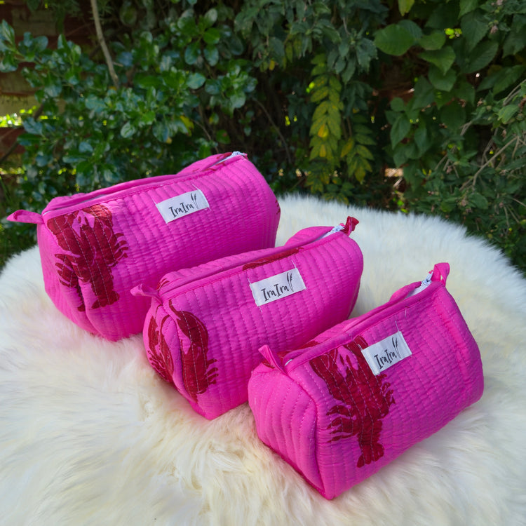 Cotton Quilted Cosmetic Bags - Set Of 3 | Lobster Pink