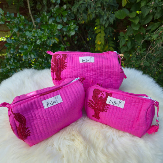 Cotton Quilted Cosmetic Bags - Set Of 3 | Lobster Pink