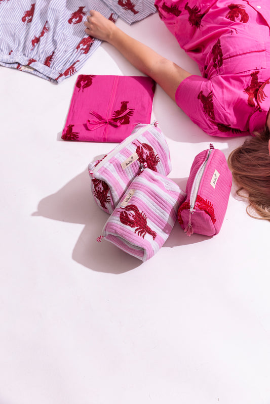 Cotton Quilted Cosmetic Bags - Set Of 3 | Lobster White