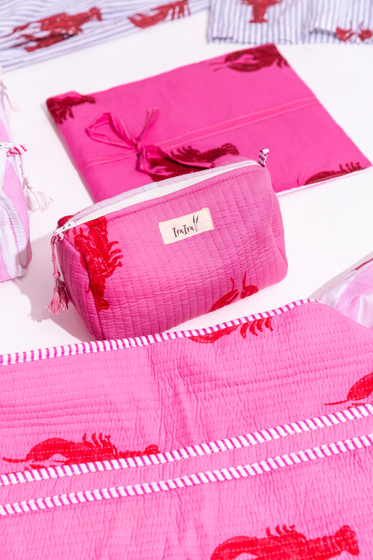Cotton Quilted Cosmetic Bags - Set Of 3 | Lobster Pink