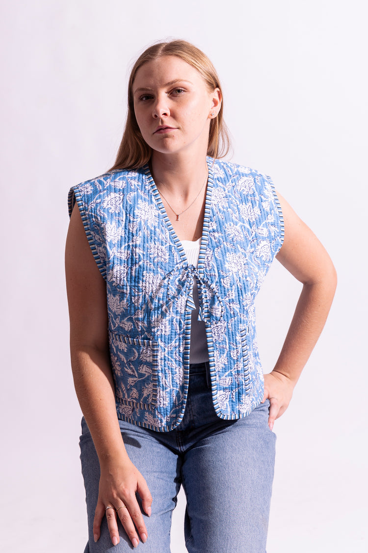 Cotton Quilted Reversible Vest - Powder Blue