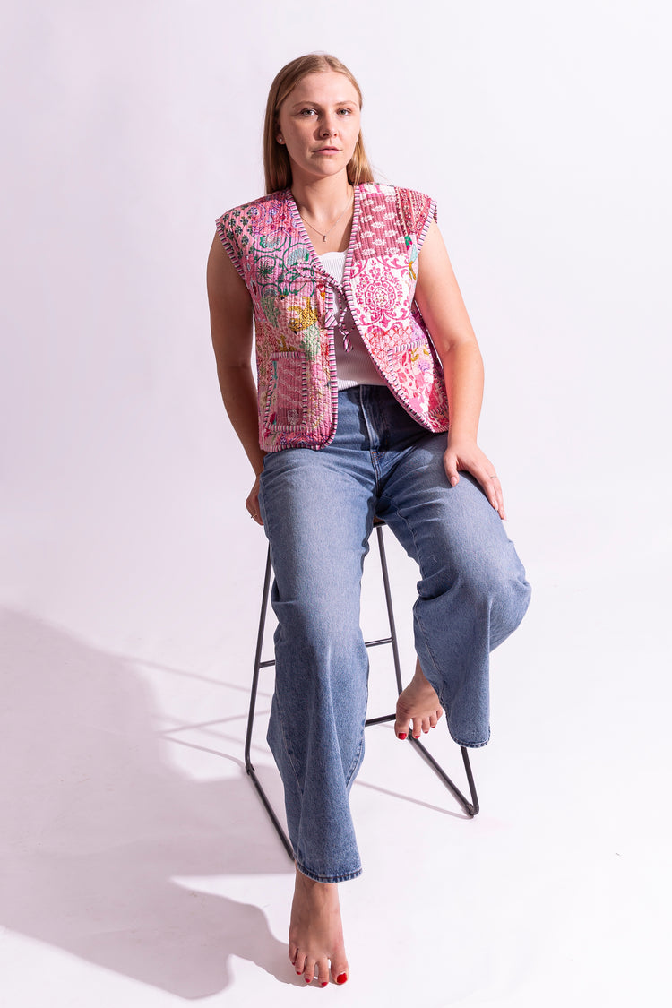 Cotton Quilted Reversible Vest - Pink