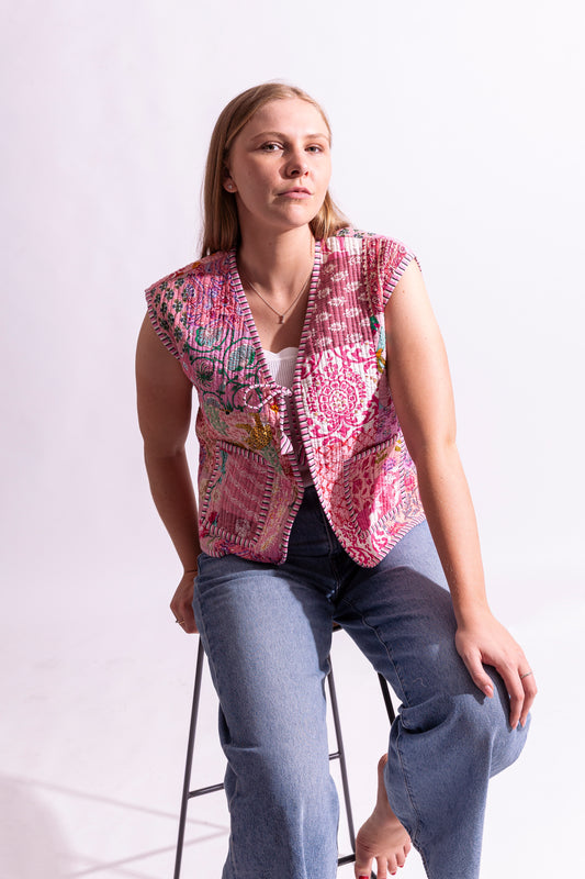 Cotton Quilted Reversible Vest - Pink