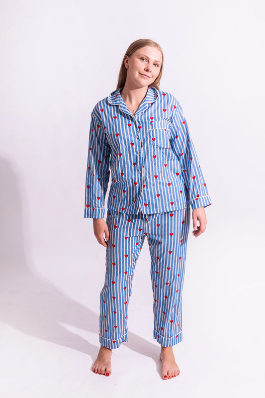 Cotton Stripe Me Heart PJ Set - Long | Blue