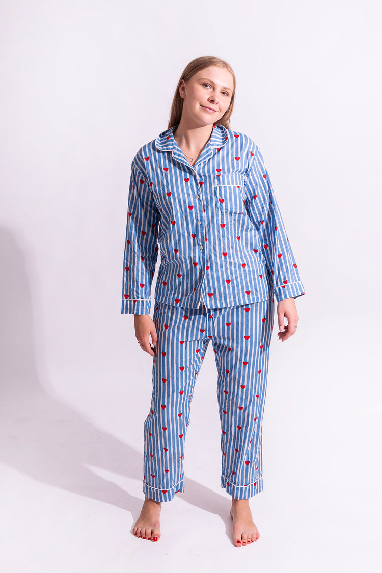 Cotton Stripe Me Heart PJ Set - Long | Blue