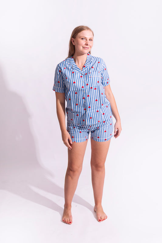 Cotton Stripe Me Heart PJ Set - Short | Blue