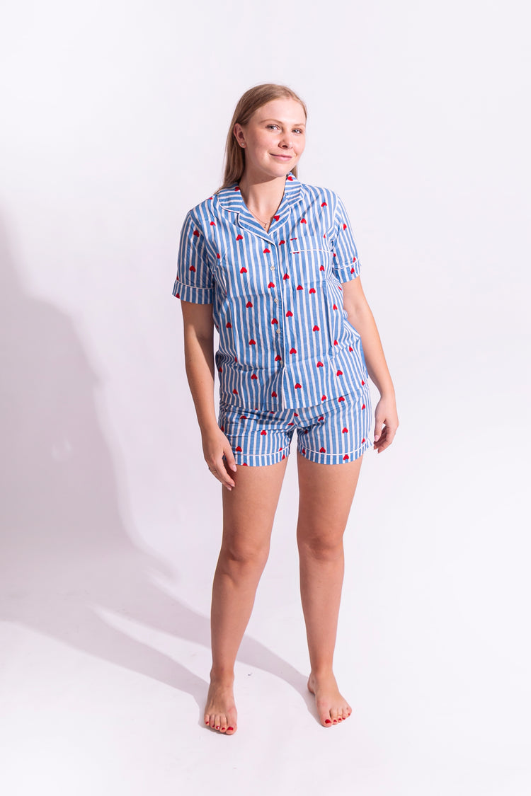 Cotton Stripe Me Heart PJ Set - Short | Blue