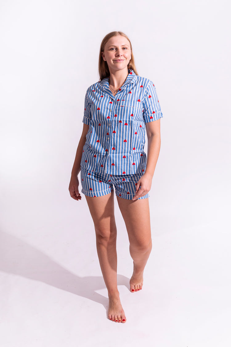 Cotton Stripe Me Heart PJ Set - Short | Blue