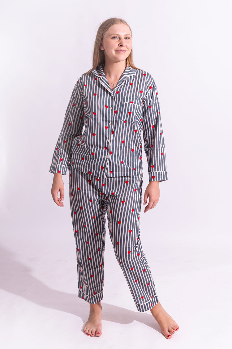 Cotton Stripe Me Heart PJ Set - Long | Grey