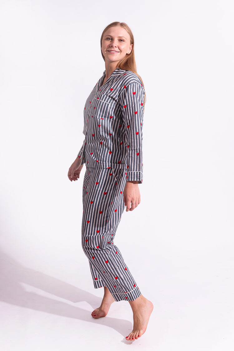 Cotton Stripe Me Heart PJ Set - Long | Grey