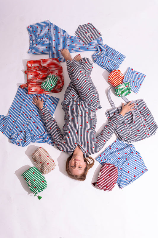 Cotton Stripe Me Heart PJ Set - Long | Grey