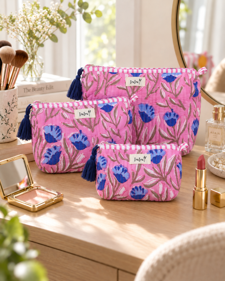 Cotton Quilted Cosmetic Bags - Set Of 3