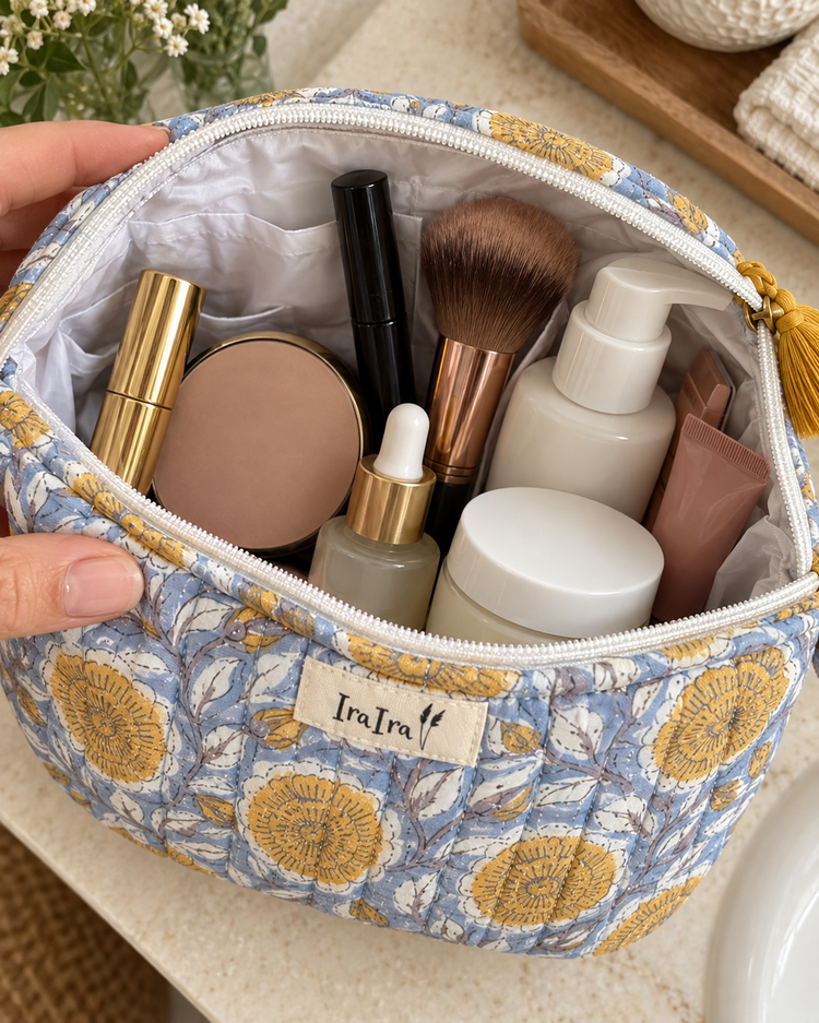 Cotton Quilted Cosmetic Bags - Set Of 3 | Blue Marigold