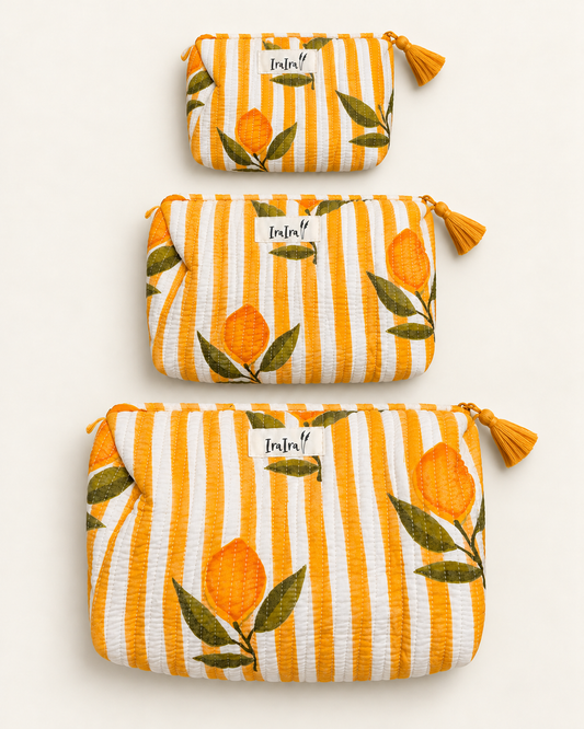 Cotton Quilted Cosmetic Bags - Set Of 3 | Orange Lemon Stripe