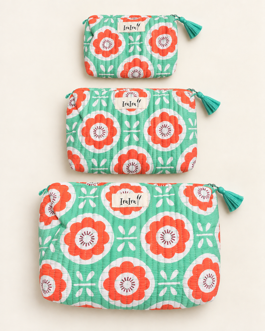 Cotton Quilted Cosmetic Bags - Set Of 3 | Mint Flower