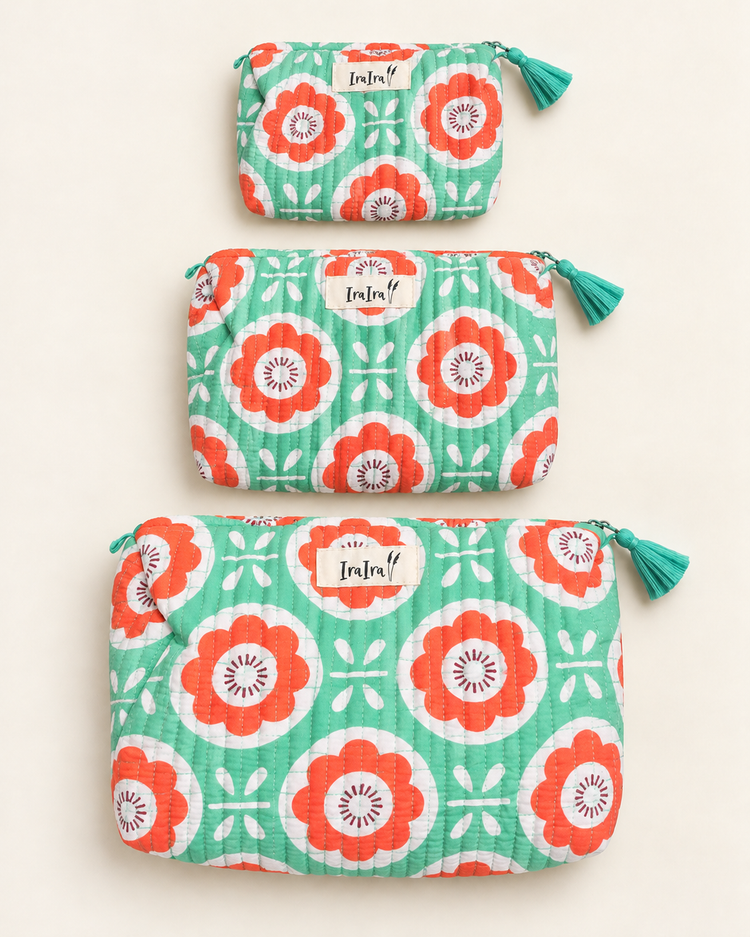 Cotton Quilted Cosmetic Bags - Set Of 3 | Mint Flower