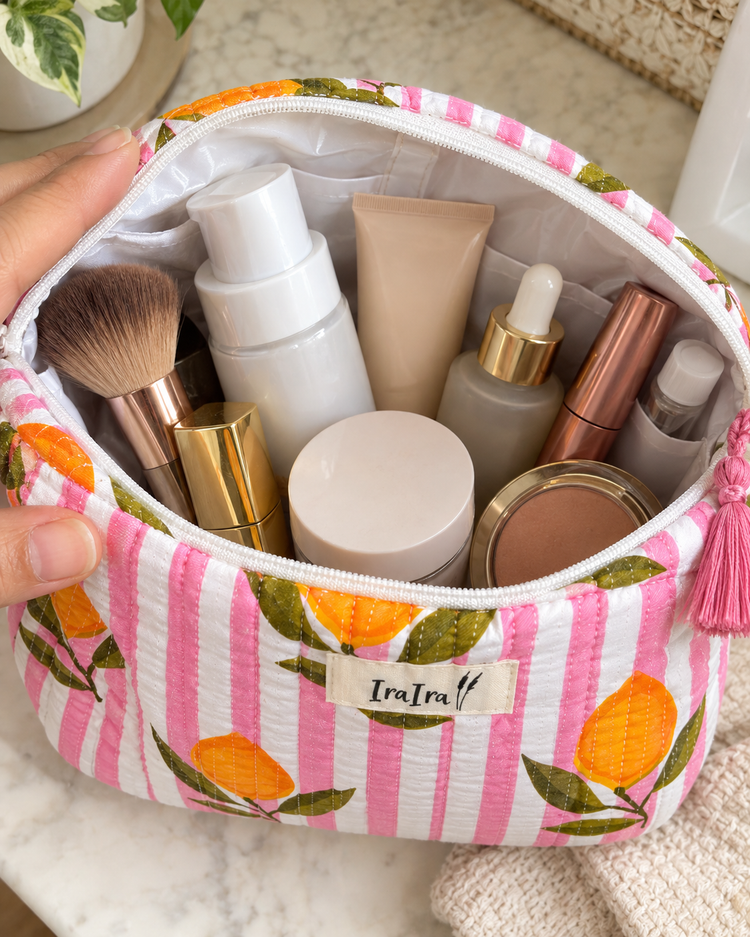 Cotton Quilted Cosmetic Bags - Set Of 3 | Pink Lemon Stripe