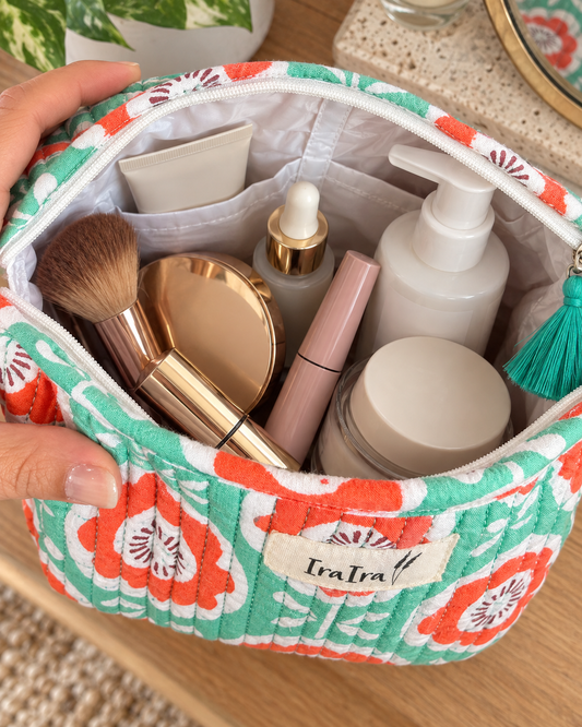 Cotton Quilted Cosmetic Bags - Set Of 3 | Mint Flower