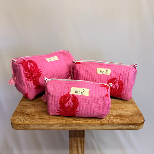 Cotton Quilted Cosmetic Bags - Set Of 3 | Lobster Pink
