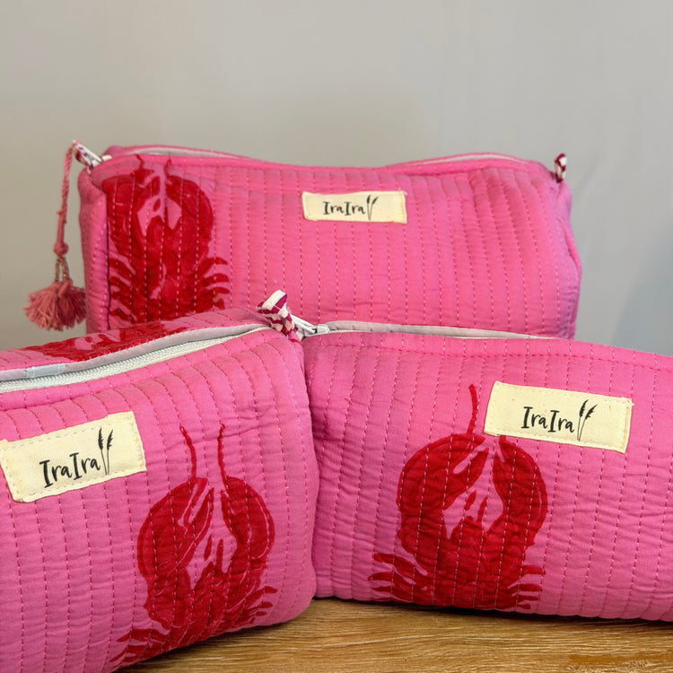 Cotton Quilted Cosmetic Bags - Set Of 3 | Lobster Pink