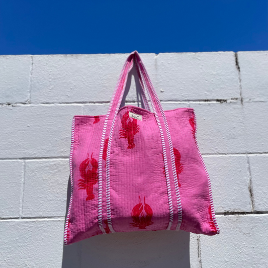 Reversible 100% Cotton Tote Bag - Pink Lobster