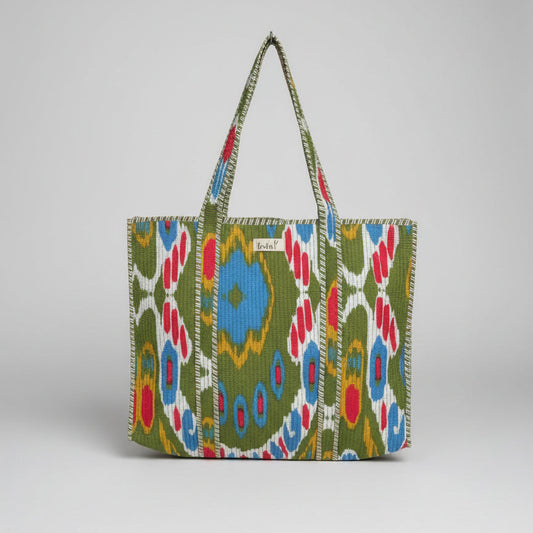 Reversible 100% Cotton Tote Bag - Ikat Green