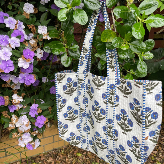 Reversible 100% Cotton Tote Bag - Blue Poppy