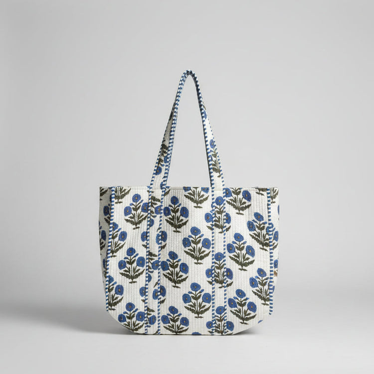 Reversible 100% Cotton Tote Bag - Blue Poppy