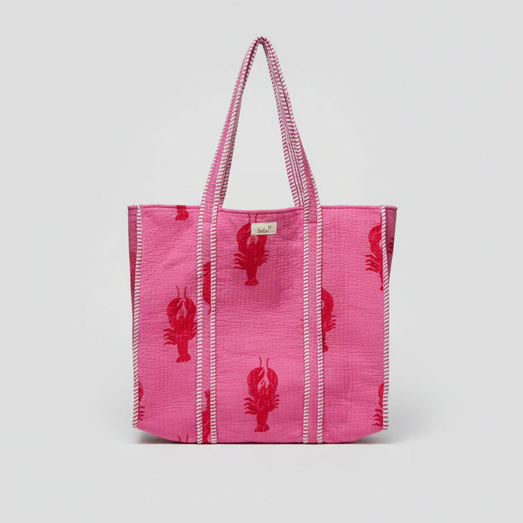 Reversible 100% Cotton Tote Bag - Pink Lobster