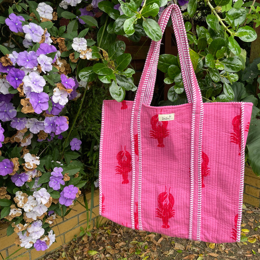 Reversible 100% Cotton Tote Bag - Pink Lobster