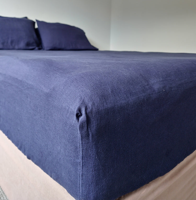 Indigo Blue Linen Fitted Sheet