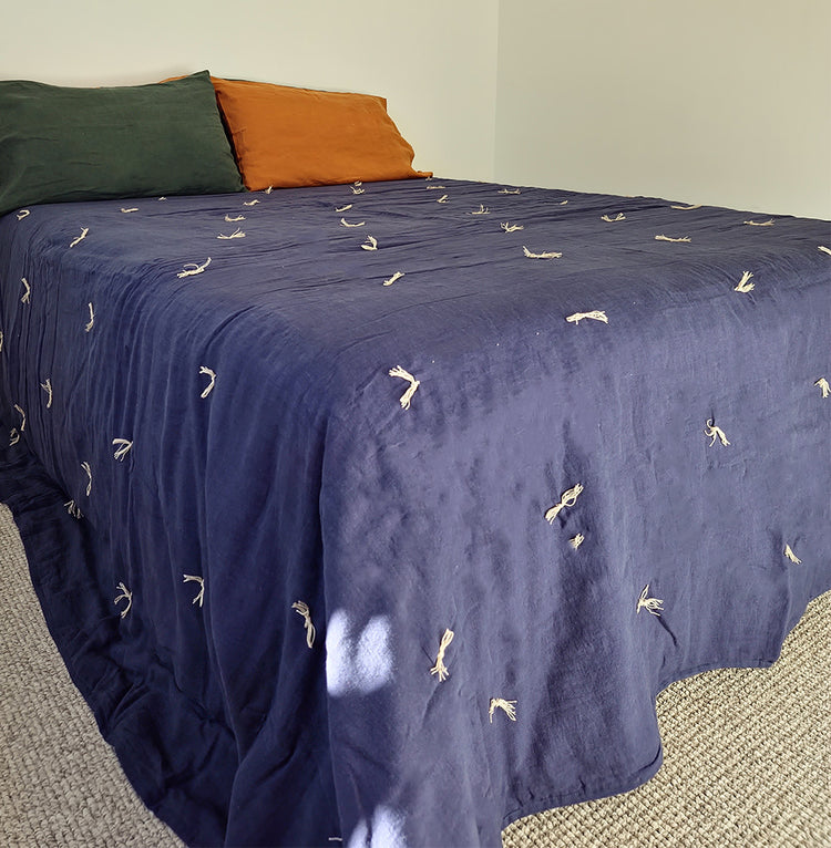 Indigo Blue Hand Tucked Linen Quilt