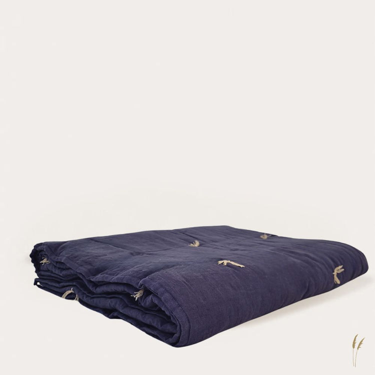 Indigo Blue Hand Tucked Linen Quilt